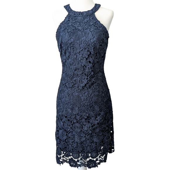 Lulus Navy Blue Love Poem Halter Lace Overlay Sheath Midi Dress Size Small - Picture 1 of 8